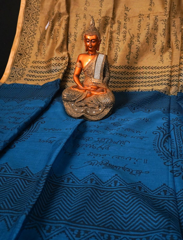 Blue light Golden Yellow Color Script Handloom Saree - Image 2