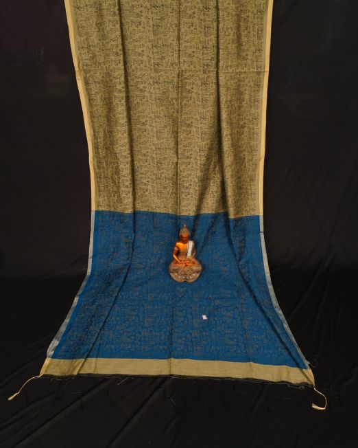 Blue light Golden Yellow Color Script Handloom Saree