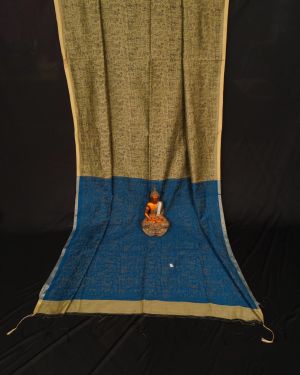 Blue light Golden Yellow Color Script Handloom Saree