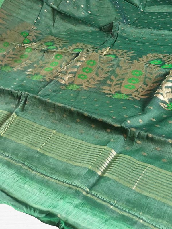 Deep Green Soft Dhakai Jamdani Saree - Image 2