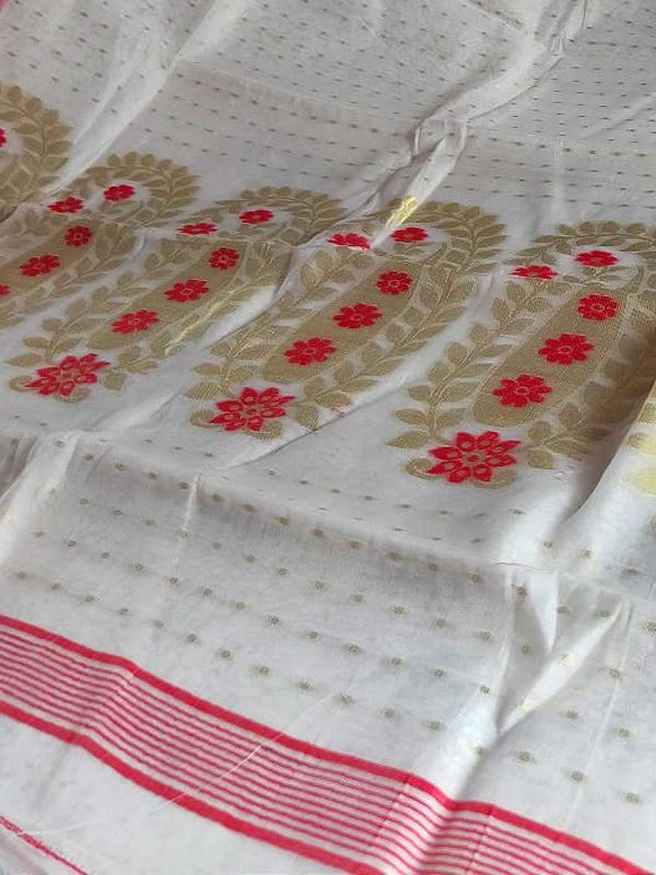 White Red Soft Dhakai Jamdani Saree - Image 2