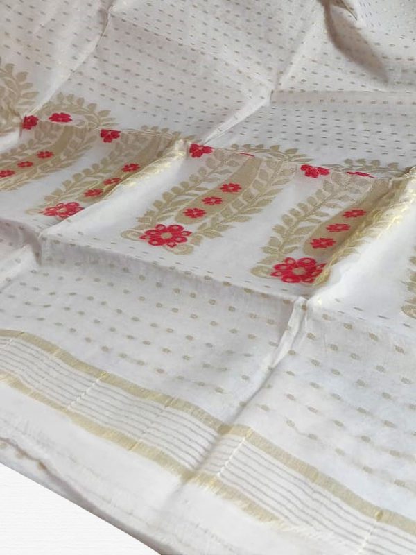Off White Red Soft Dhakai Jamdani Saree - Image 2