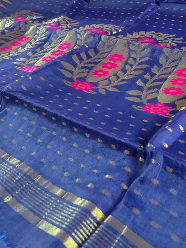 Indigo Blue Pink Soft Dhakai Jamdani Saree - Image 2