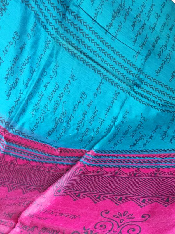 Ocean Blue Pink Color Script Handloom Saree - Image 3