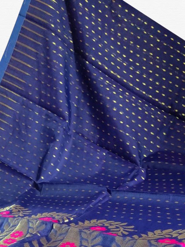 Indigo Blue Pink Soft Dhakai Jamdani Saree - Image 3