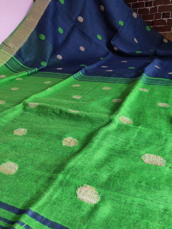 Blue & Green Pure Linen Ball Jamdani Saree