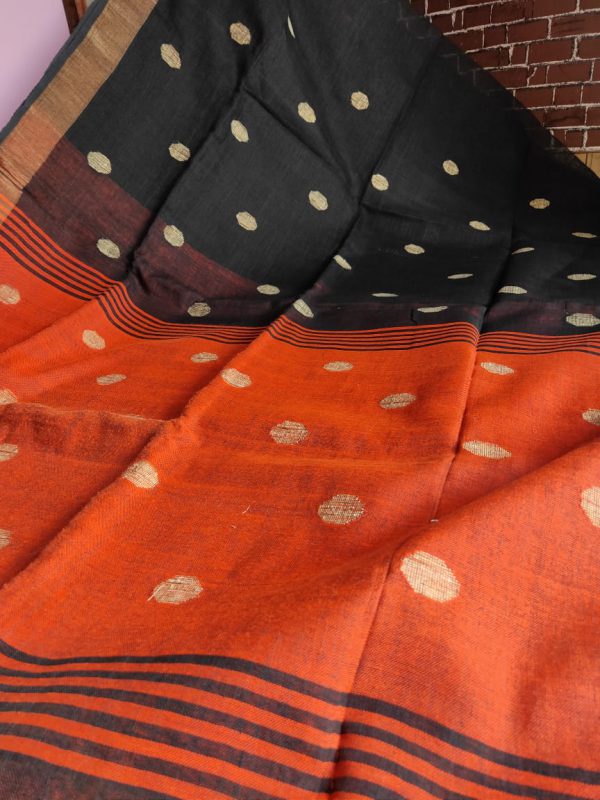 Black & Orange Pure Linen Ball Jamdani Saree
