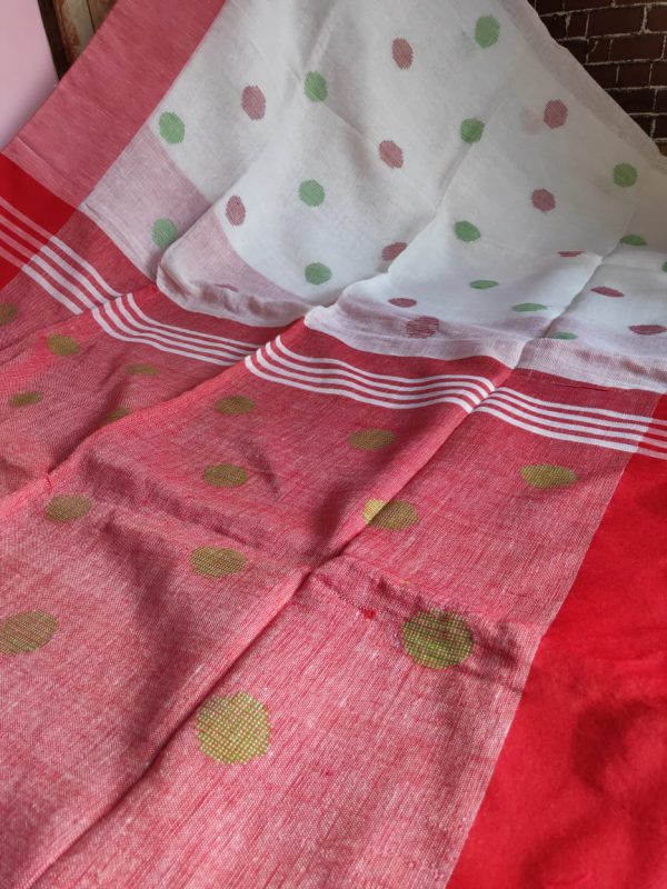 White & Red Pure Linen Ball Jamdani Saree