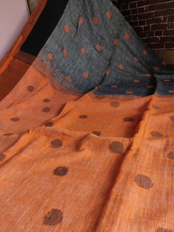 Grey & Orange Pure Linen Ball Jamdani Saree