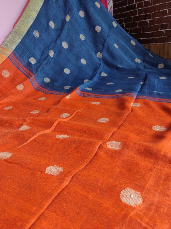 Blue & Orange Pure Linen Ball Jamdani Saree