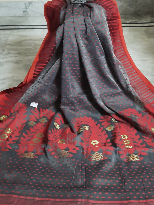 Red & Grey Soft Dhakai Jamdani Saree