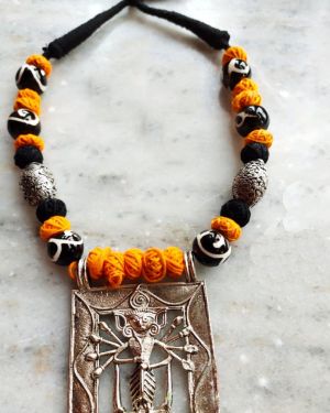 Durga Pendant  Necklace with Cotton Beads