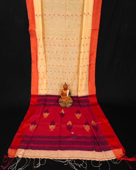 Elegant Yellow Cotton Linen Handloom Saree