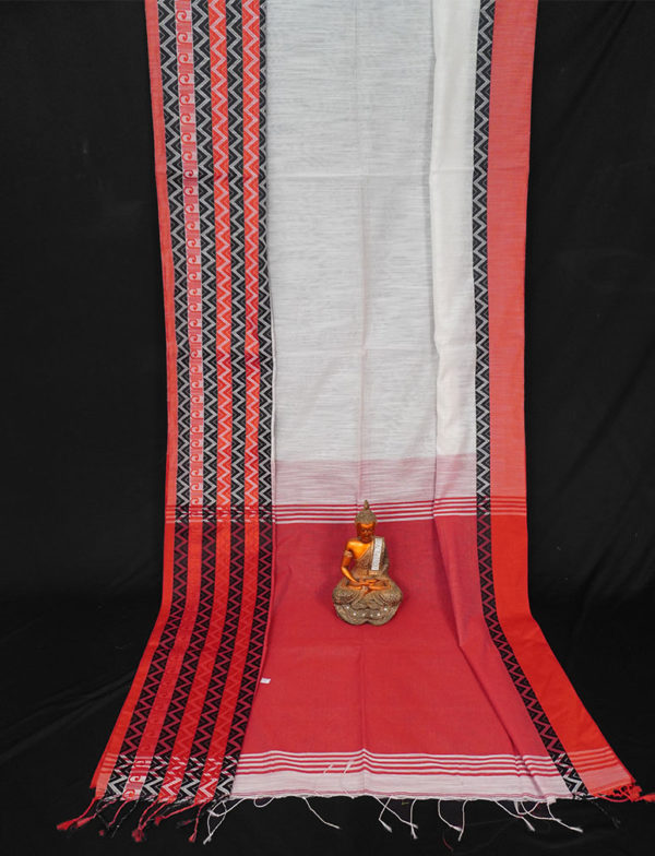 Off White & Red Zig Zag Border Begumpuri Cotton Saree
