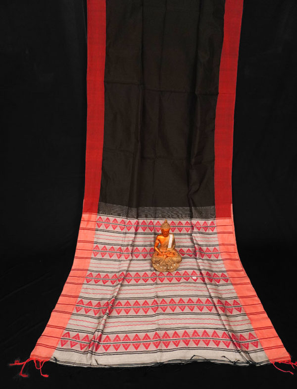 Enticing Black Cotton Handloom Saree with Red Border