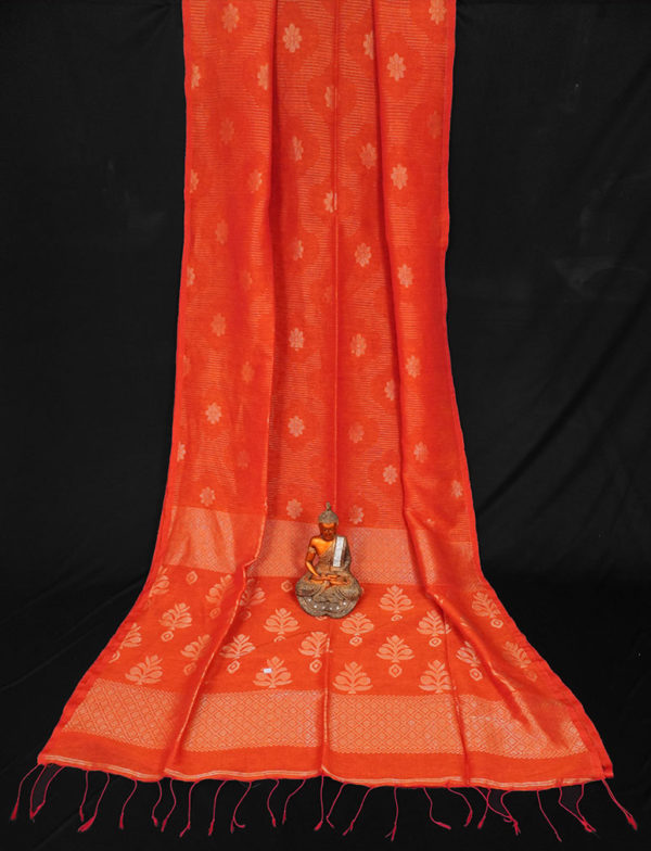 Awesome Orange Handwoven Cotton Linen Floral Jamdani Saree