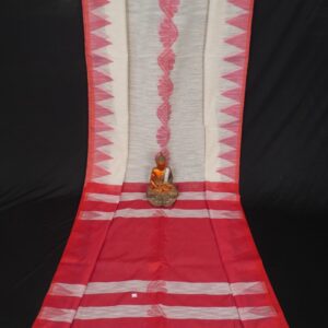 Handwoven Pure Linen White Red Saree with Temple Border