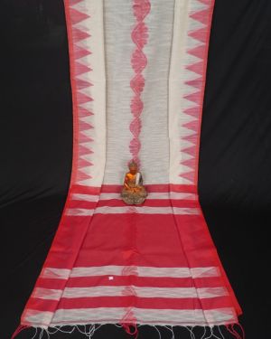 Handwoven Pure Linen White Red Saree with Temple Border