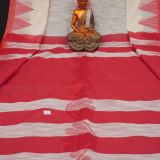 Handwoven Pure Linen White Red Saree with Temple Border
