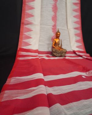 Handwoven Pure Linen White Red Saree with Temple Border