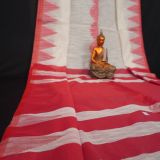 Handwoven Pure Linen White Red Saree with Temple Border