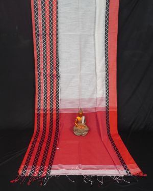 Off White & Red Zig Zag Border Begumpuri Cotton Saree