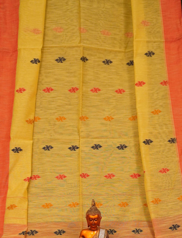 Elegant Yellow Cotton Linen Handloom Saree - Image 2