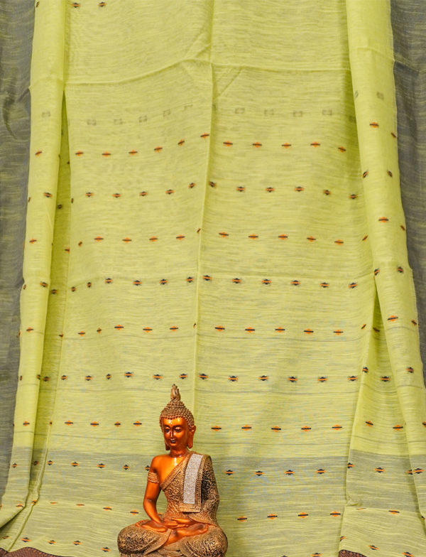 Elegant Lime Yellow Cotton Linen Handloom Saree - Image 2