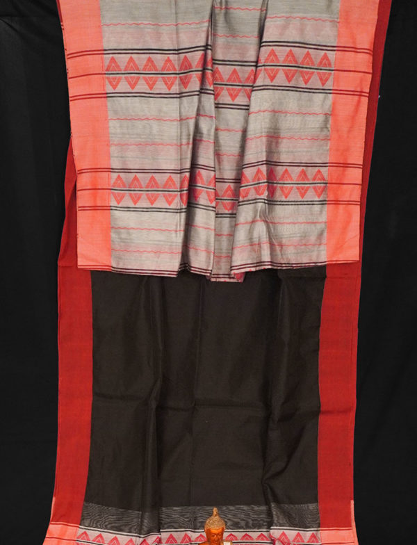 Enticing Black Cotton Handloom Saree with Red Border - Image 2