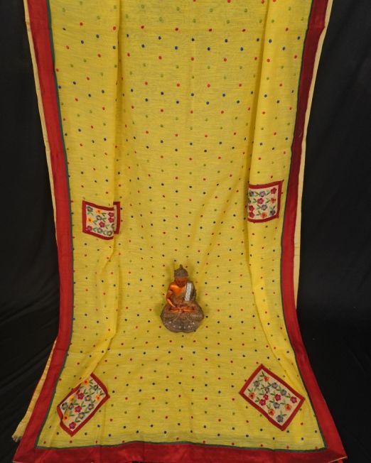 Designer Applique Work Yellow Handloom Saree