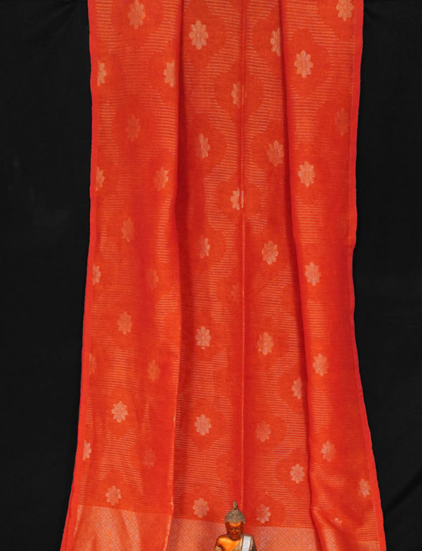 Awesome Orange Handwoven Cotton Linen Floral Jamdani Saree - Image 3