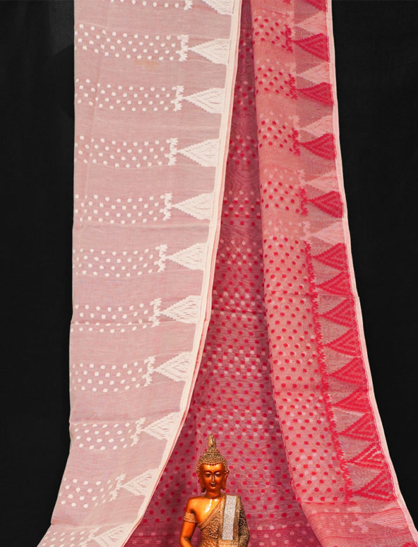 Rich Textured White Red Soft Dhakai Jamdani Saree - Image 3