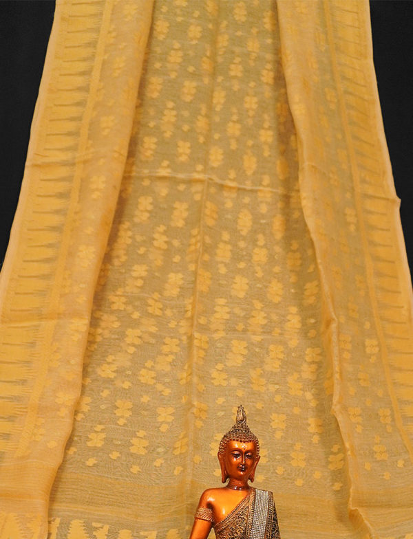 Rich Textured Cream Golden Soft Dhakai Jamdani Saree - Image 2