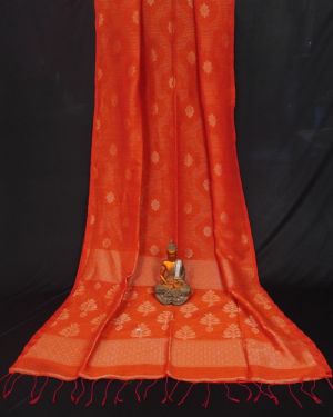 Awesome Orange Handwoven Cotton Linen Floral Jamdani Saree