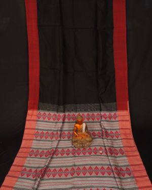 Enticing Black Cotton Handloom Saree with Red Border