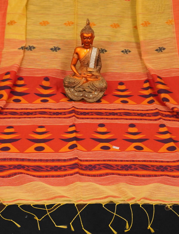 Elegant Yellow Cotton Linen Handloom Saree - Image 3