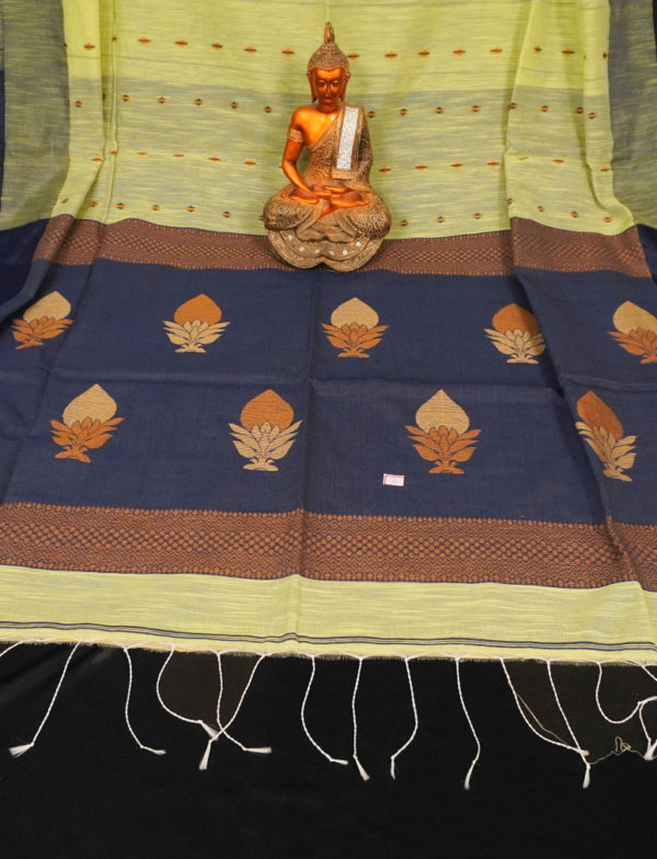 Elegant Lime Yellow Cotton Linen Handloom Saree - Image 3