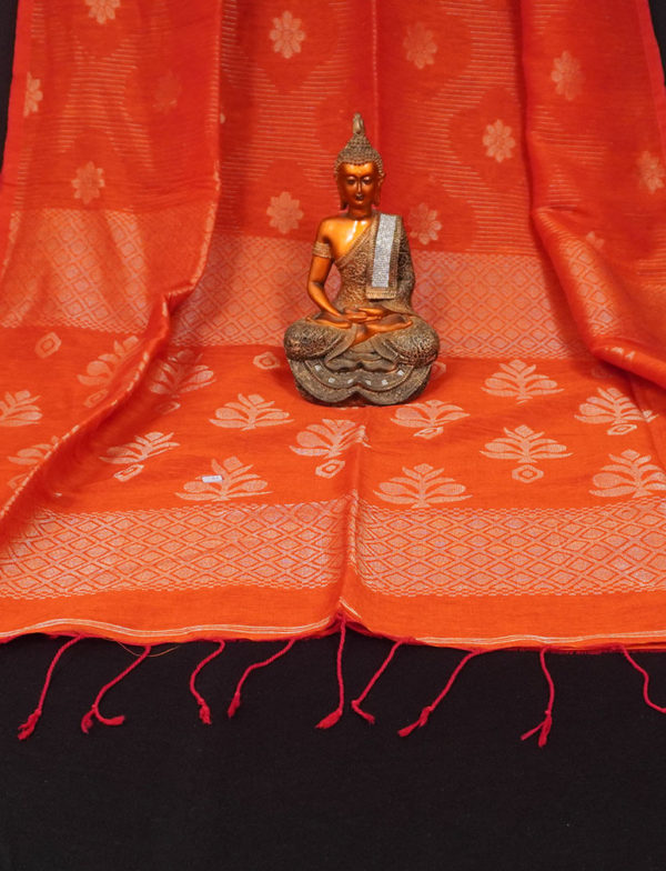 Awesome Orange Handwoven Cotton Linen Floral Jamdani Saree - Image 2