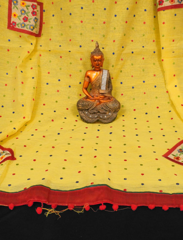 Designer Applique Work Yellow Handloom Saree - Image 3