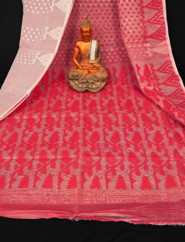 Rich Textured White Red Soft Dhakai Jamdani Saree - Image 2