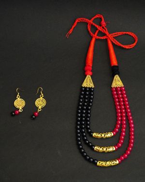 Three Layered Red Black Beads Necklace