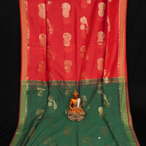 Enticing Sindoor Red and Golden Yellow Cotton Silk Handloom Saree