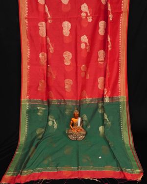 Enticing Sindoor Red and Golden Yellow Cotton Silk Handloom Saree