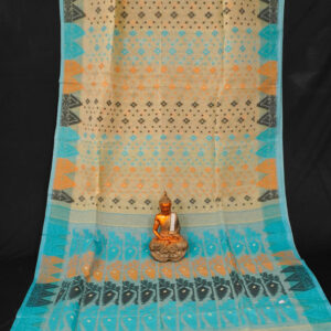 Rich Textured Beige and Blue Dhakai Jamdani Saree