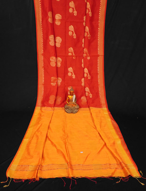 Enticing Sindoor Red and Golden Yellow Cotton Silk Handloom Saree