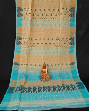 Rich Textured Beige and Blue Dhakai Jamdani Saree