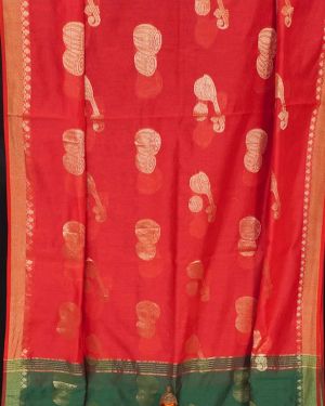 Enticing Sindoor Red and Golden Yellow Cotton Silk Handloom Saree