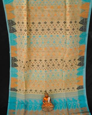 Rich Textured Beige and Blue Dhakai Jamdani Saree