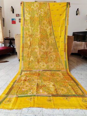 Santiniketan Handloom Yellow Floral Garden Kantha Stitch Saree