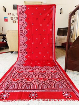 Santiniketan Handloom Red Arch style Kantha Stitch Saree